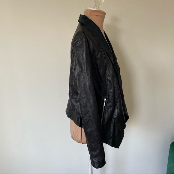 Cigno Nero Black Leather Shawl Collar Open Front Ribbed Knit Combo Jacket 36/4 - Picture 2 of 8